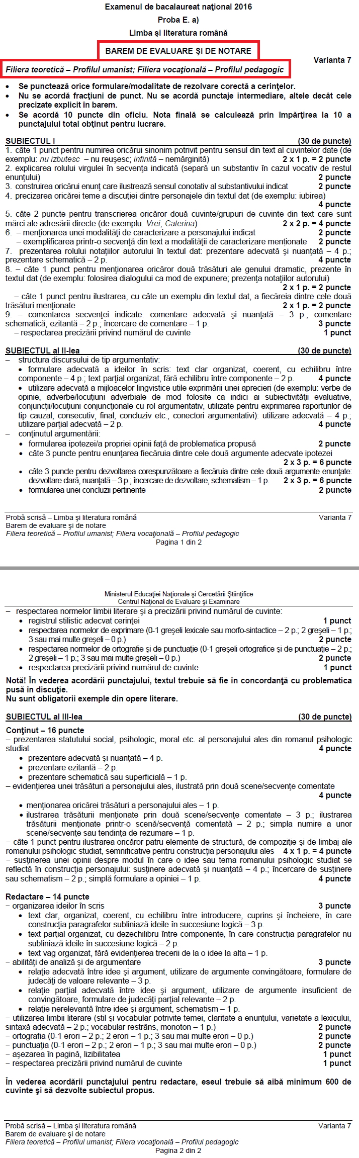 bac v7 profil uman - barem