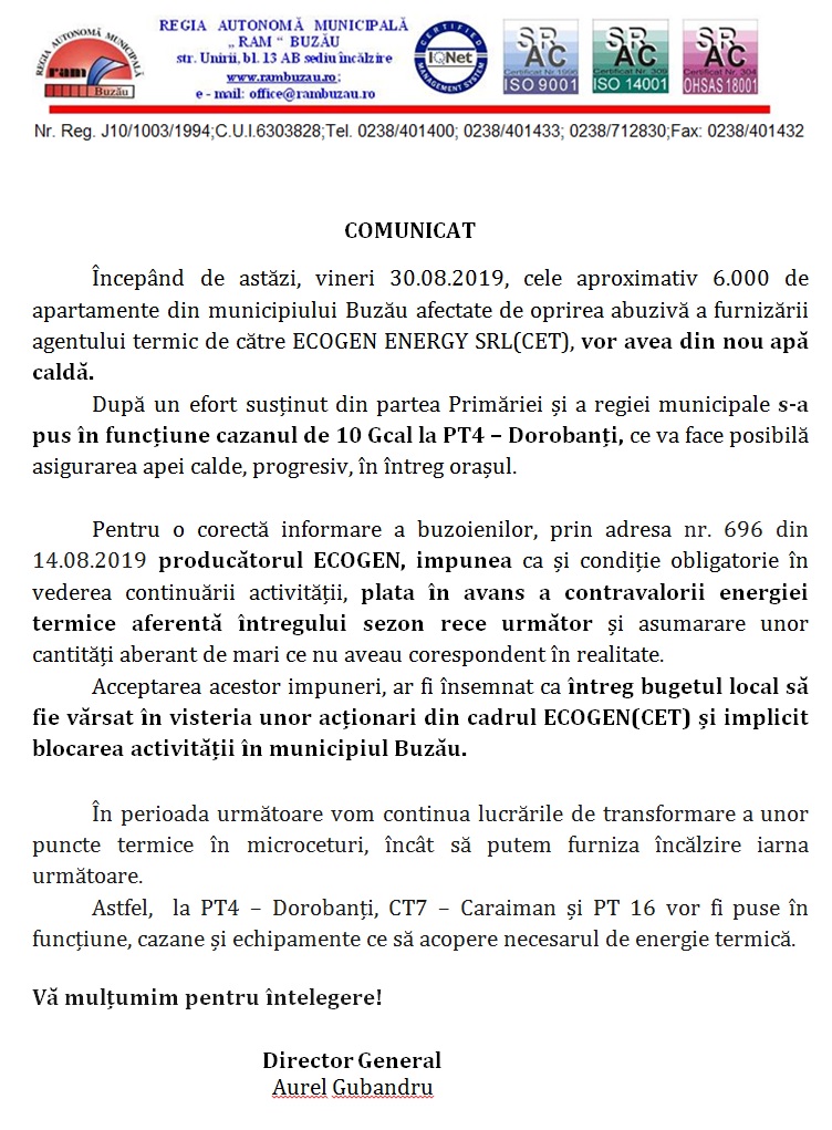 comunicat ram apa calda