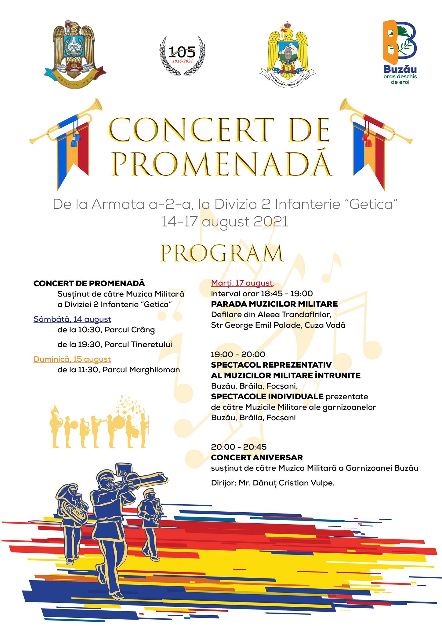 Concerte de promenadă, în parcurile buzoiene. Când și unde va cânta fanfara militară