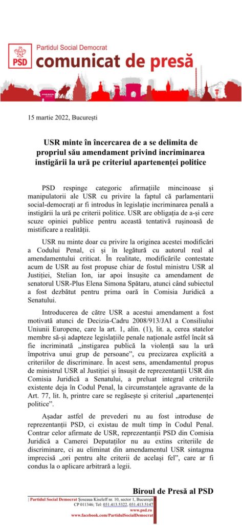 (P) USR minte în încercarea de a se delimita de propriul său amendament privind incriminarea instigării la ură pe criteriul apartenenței politice