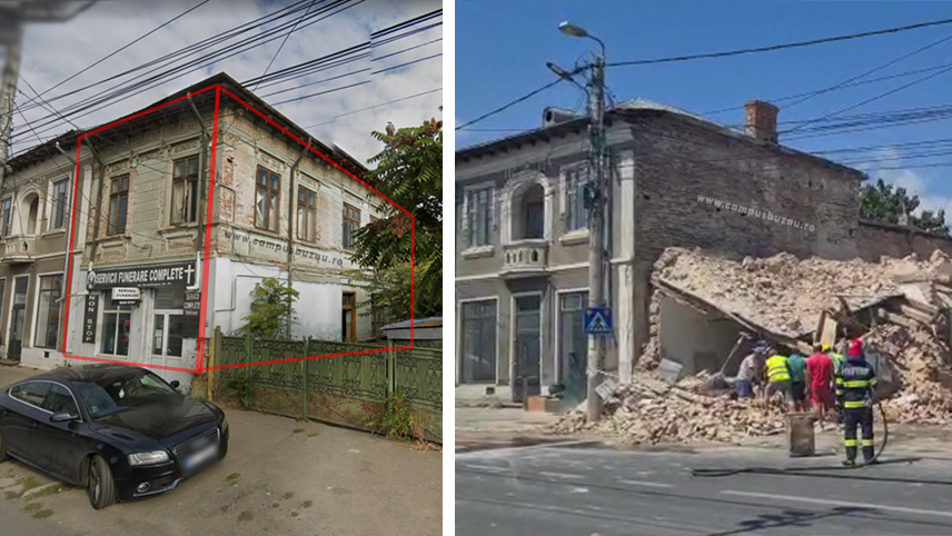 Casă prăbușită, pe strada A. Marghiloman. Conductă de gaze fisurată, trafic deviat