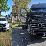 (FOTO) Microbuz cu pasageri, impact frontal cu un autoturism. Doi răniți, pe E85, la Potârnichești