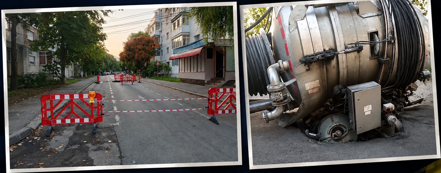 (VIDEO) Cauza incidentului cu vidanja blocată în asfaltul surpat. Reacția Companiei de Apă Buzău